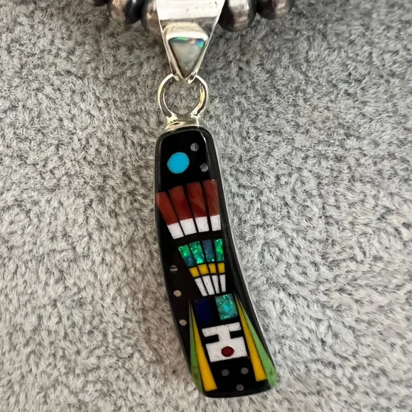 ❤️ Signed “RD” Native Zuni Inlaid Galaxy Sterling Kachina Cosmic Pendant 1.71”L - Picture 4 of 14